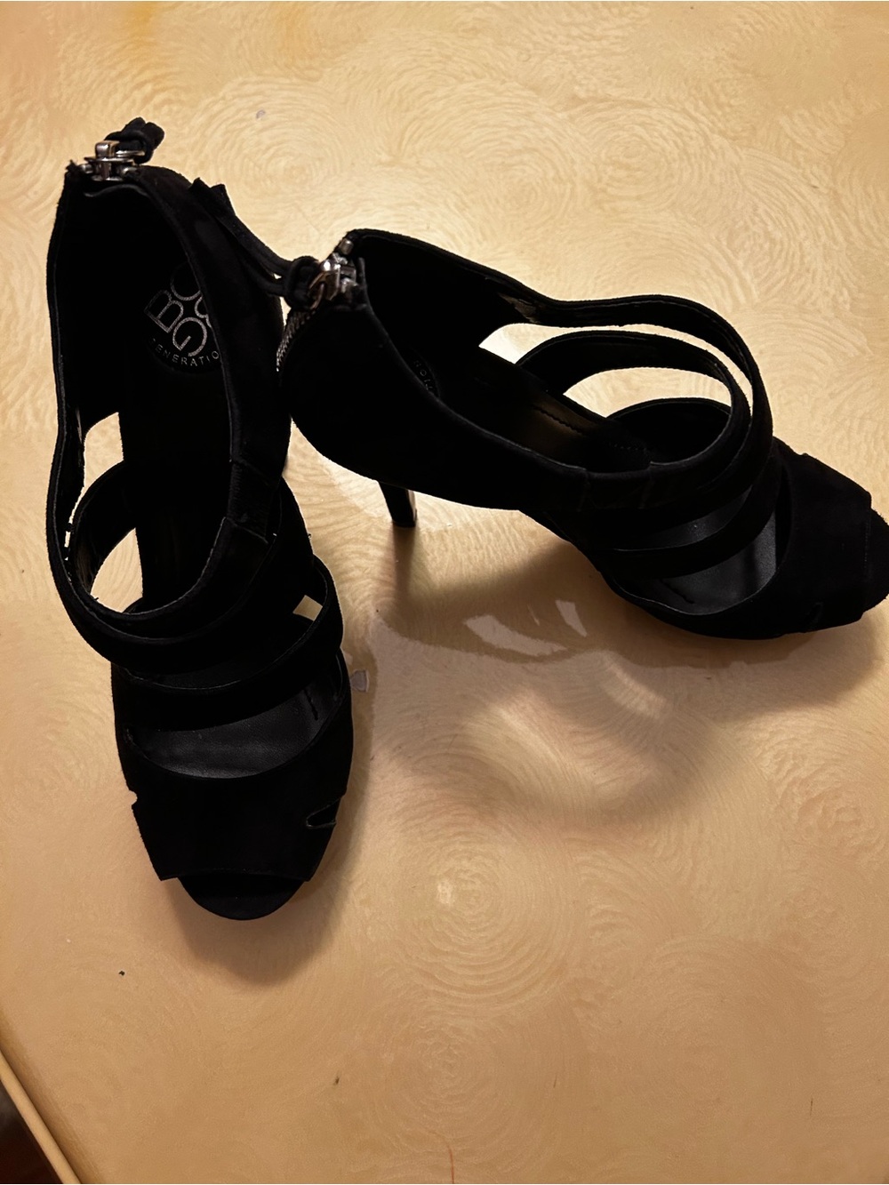 BCBGeneration Black Strappy Suede Peep-Toe Heels